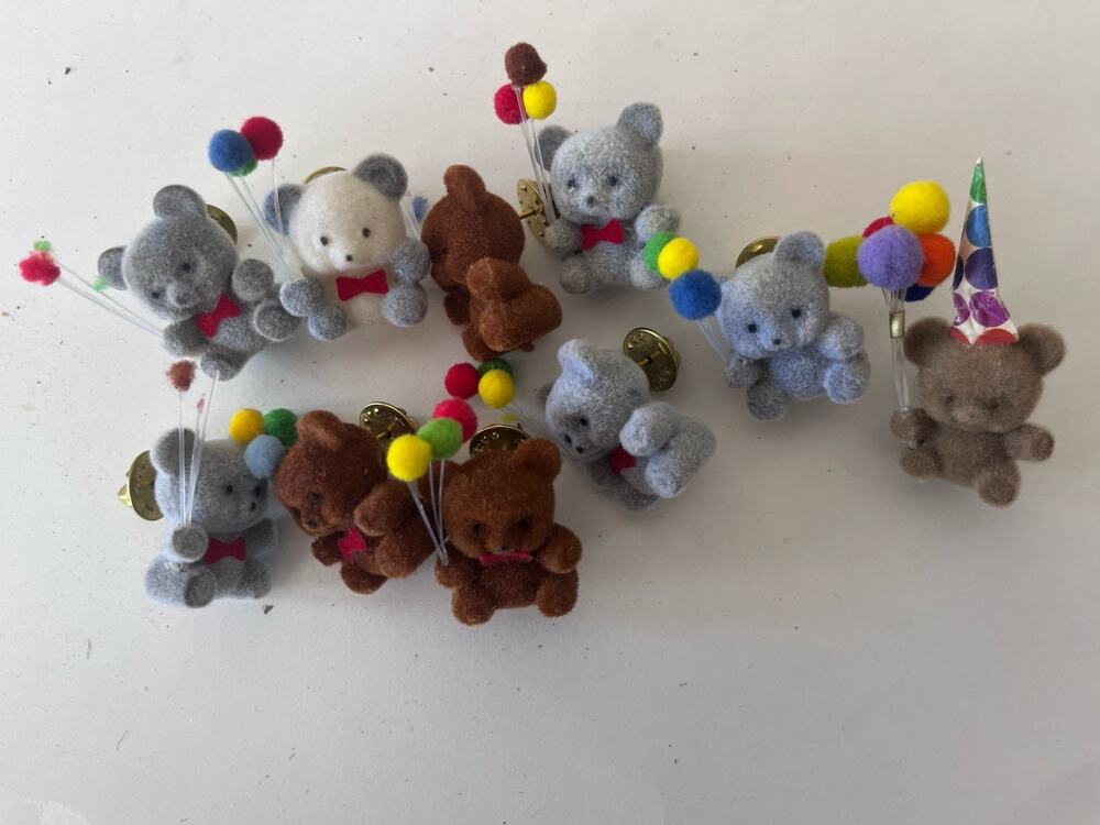 Vintage 1980s flocked teddy bear lapel pin brooch Set Of 10 Birthday Party Theme